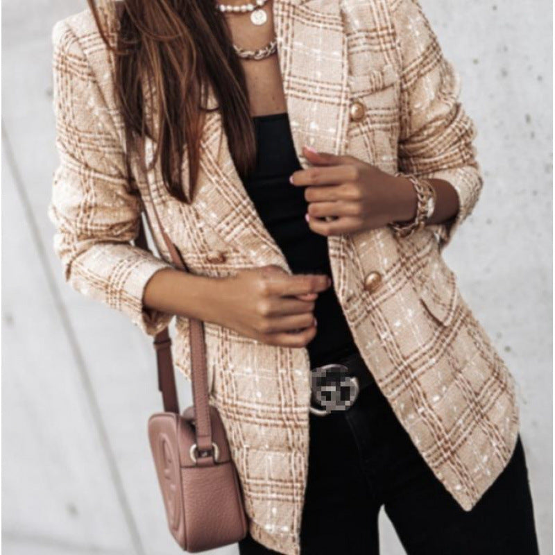Printed Long Sleeve Double-Breasted Suit Lapel Blazer Coat for Women