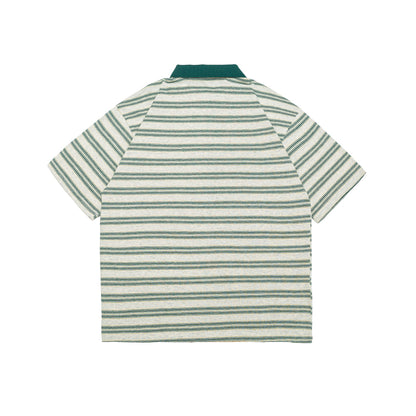 Color blocking striped polo short sleeved shirt