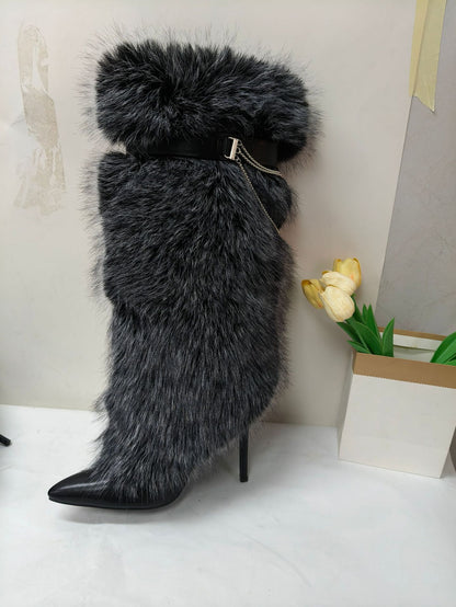 Pointed-toe furry boots high heels