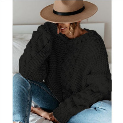 Women's Solid Color Round Neck Cable Knit Batwing Sleeve Loose Casual Pullover Sweater
