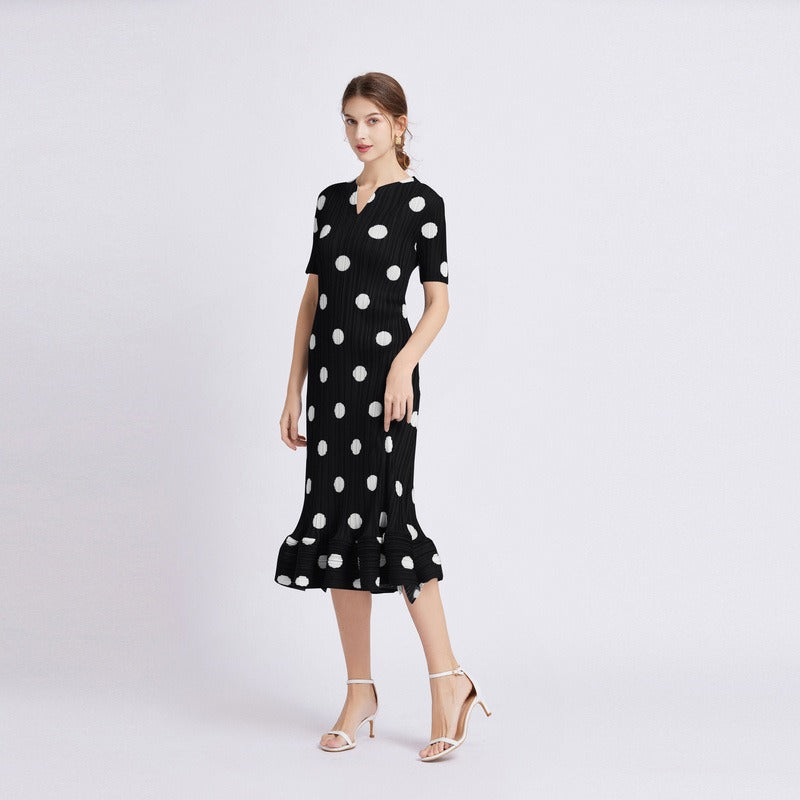 Dress for women with polka dot print, elegant, loose, slim, short-sleeved, summer pleated A-line skirt