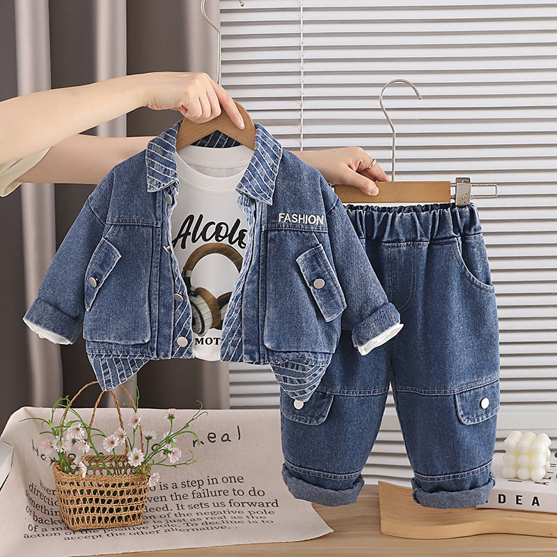 Autumn denim jacket long sleeved three piece set for children