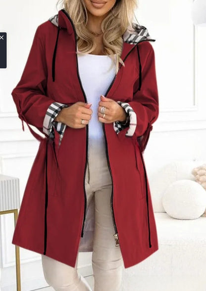 Women's Hooded Plaid Printed Windbreaker Coat