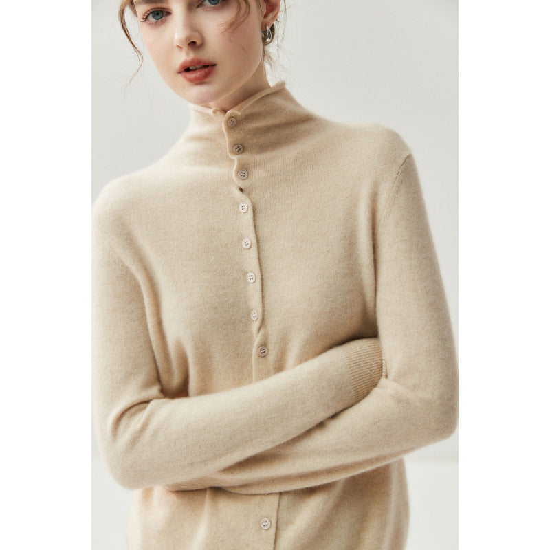 Reversible Cashmere Cardigan Women High Neck Knitted Sweater