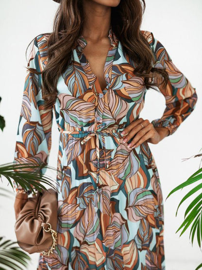 V-Neck Lange Mouw Geplooide Jurk met Strik En Gerimpelde Taille