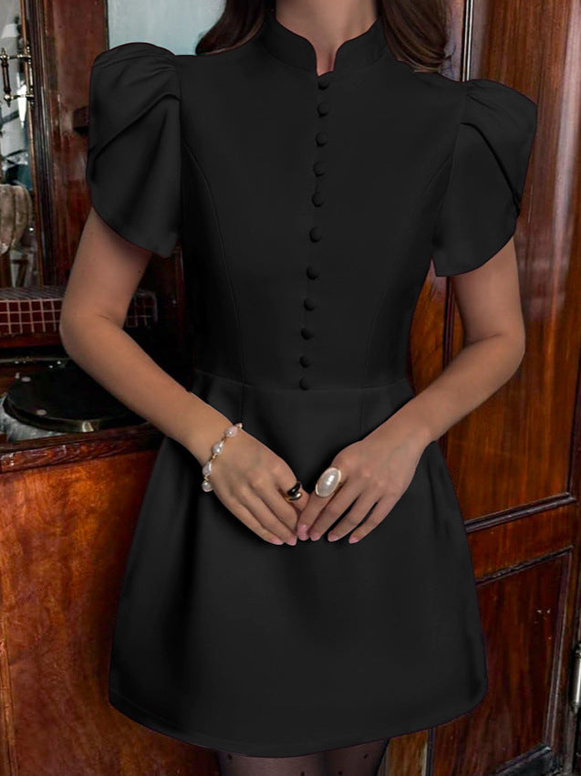 Women's Elegant Puff Sleeve Waist-Cinching Slim-Fit Short Dress
