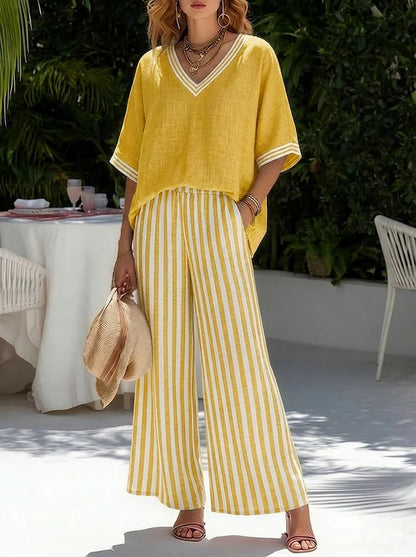 Linen-Cotton Set: Loose V-Neck Short-Sleeve Top and Striped Wide-Leg Pants