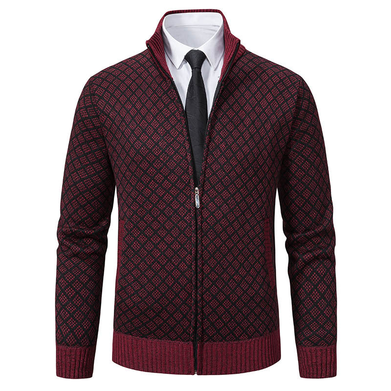 Autumn and Winter Velvet Thickeneded Casual Cardigan Sweater Men's Stand-Up Collar Outer Hooded Zipper Knitted Sweater Jacket