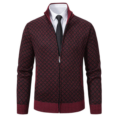 Autumn and Winter Velvet Thickeneded Casual Cardigan Sweater Men's Stand-Up Collar Outer Hooded Zipper Knitted Sweater Jacket