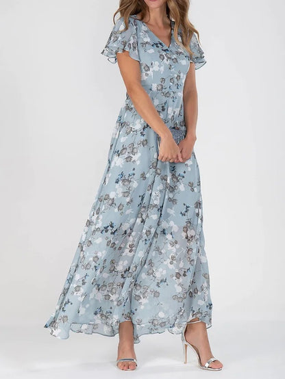 Womens Floral Print Chiffon V Neck Ruffled Swing Dress Short Sleeve Midi Beach Long Dress