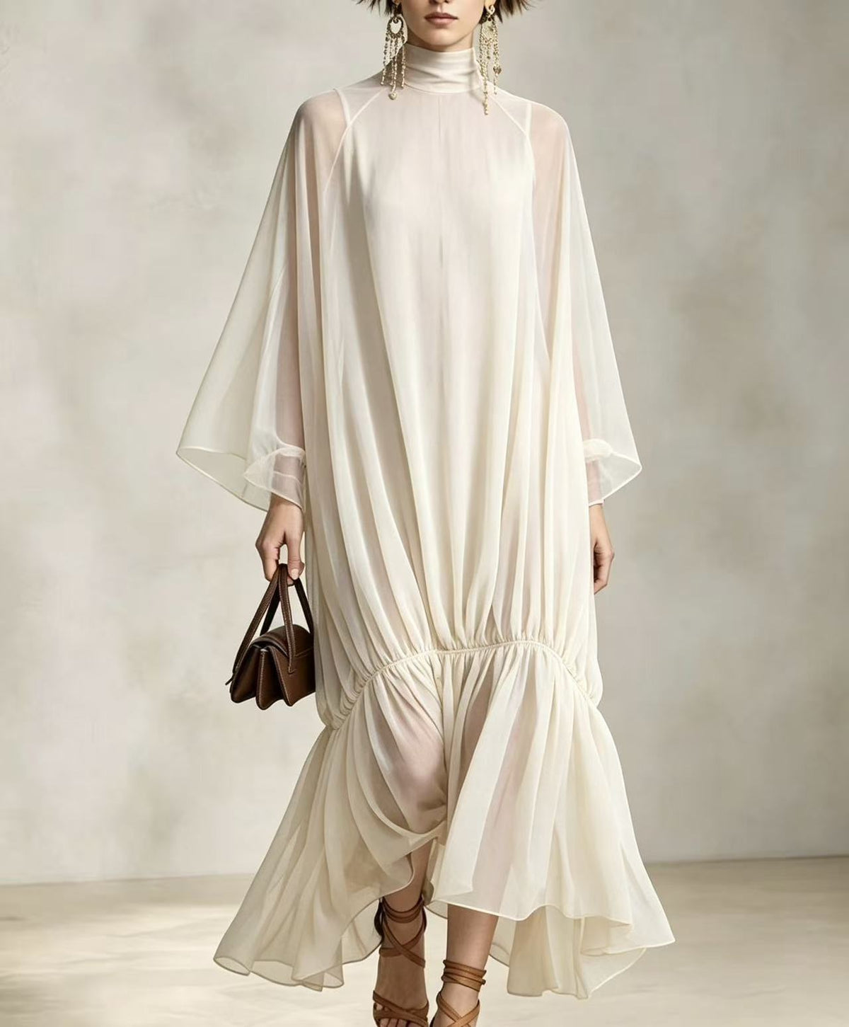 Loose Fit Pleated Dress with Batwing Sleeves