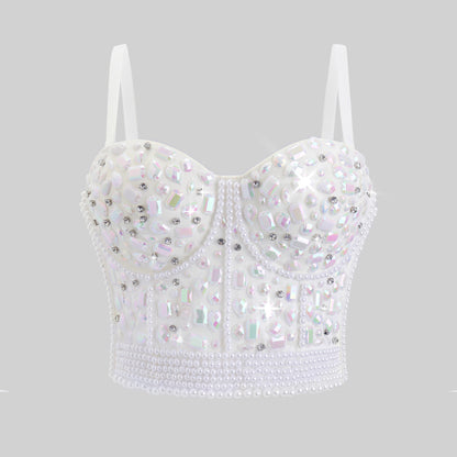 Rhinestone Beaded Fitted Bustier Bralette Camisole Small Strap
