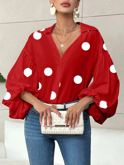 Polka Dot Half-Open Neck Loose Bubble Sleeve Long Sleeve Top