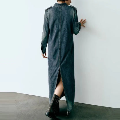 Denim Shirt Dress Woman AutumnLong Dresses for Women 2023Casual Maxi Dress Women Long Sleeve Split Female Dress