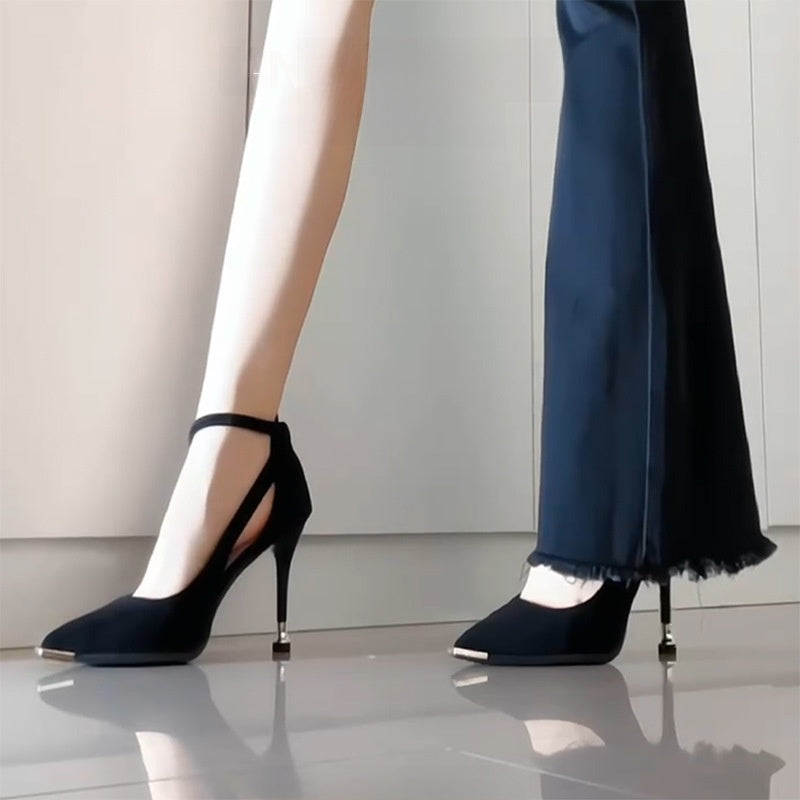 Velvet leather pointed-toe low-heeled high heels