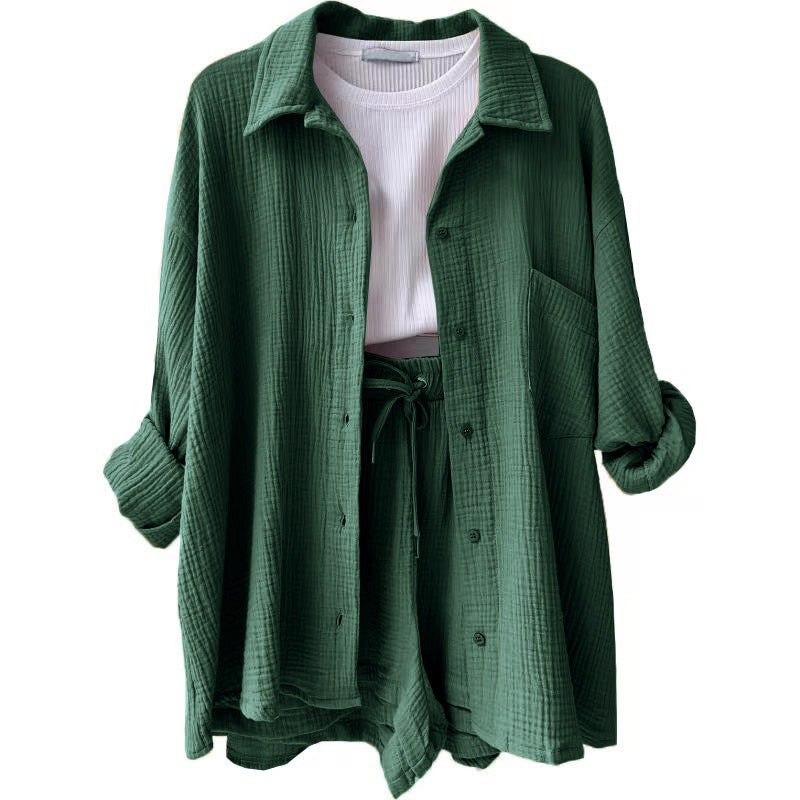 Wrinkled collar long sleeved shirt high waisted drawstring shorts two-piece set