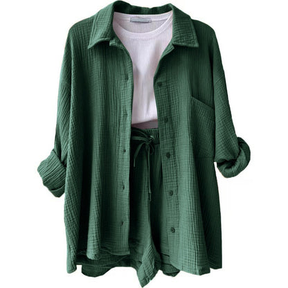 Wrinkled collar long sleeved shirt high waisted drawstring shorts two-piece set