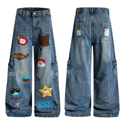 Cargo jeans met elastische taille en geborduurde cartoons