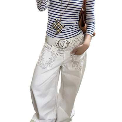 Retro reverse embroidered curved knife jeans for women in summer