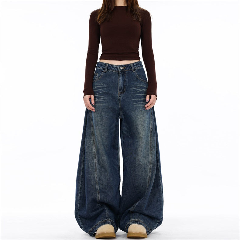 Women's Distressed Relaxed Fit Wide-Leg Denim Jeans