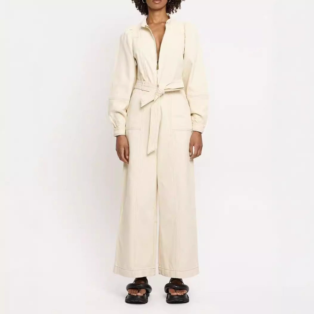 European and American vacation style lantern sleeves, long sleeves, zipper ties, wide leg jumpsuit, long pants