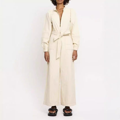 European and American vacation style lantern sleeves, long sleeves, zipper ties, wide leg jumpsuit, long pants