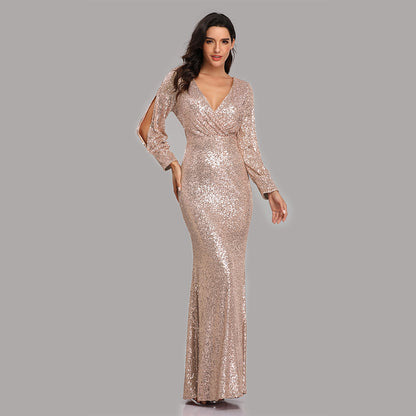 Spring Autumn New Women's Plus Size Long Sleeve V Neck Sequin Mermaid Evening Dress |women's clothing