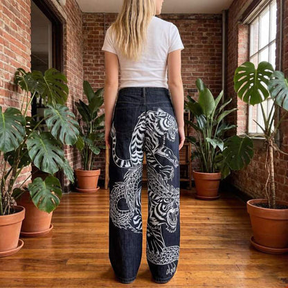 Y2K Draak Tijgerprint Denim Broek met Trekkoord
