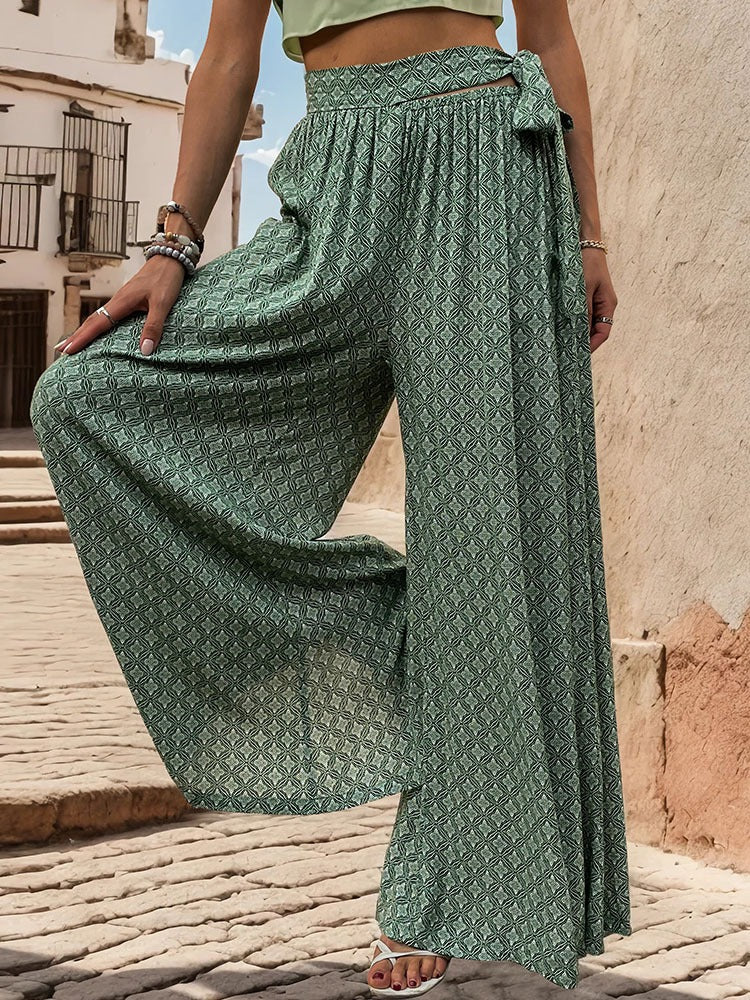 New European and American summer women's clothing ethnic style printed wide leg pants with large horns