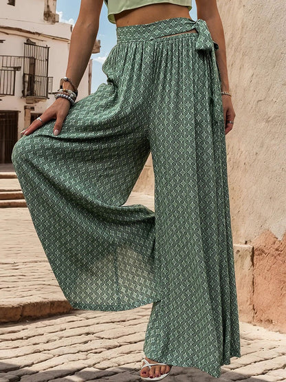 New European and American summer women's clothing ethnic style printed wide leg pants with large horns