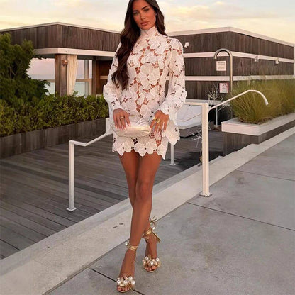 Lace Long Sleeve Stand Collar Dress