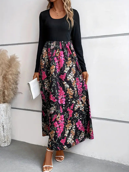 Floral Round Neck Long Sleeve Maxi Dress