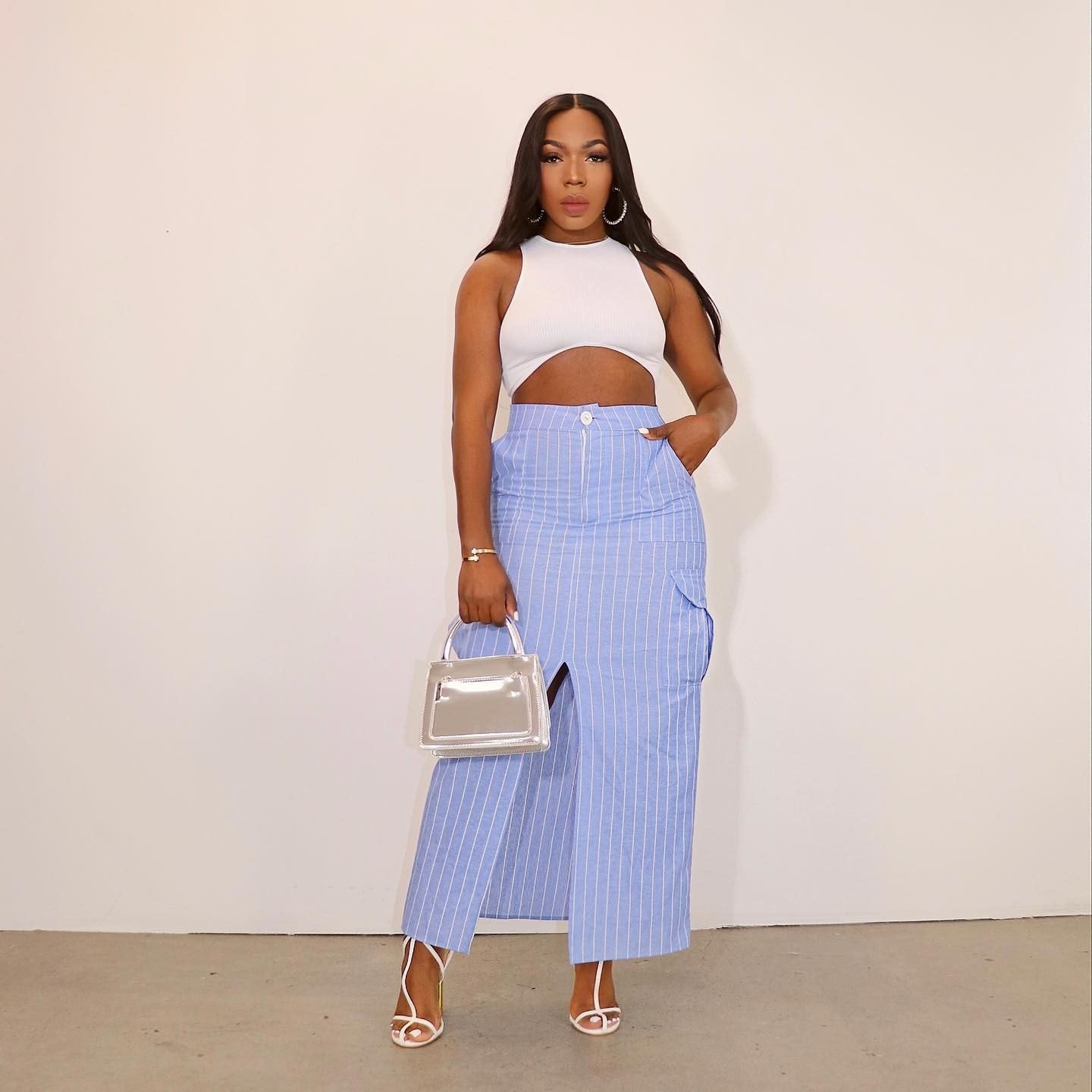 European and American women's summer new high waisted striped slit workwear skirt