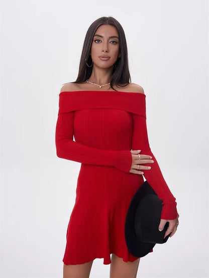 Sexy Off-Shoulder Long Sleeve Knitted Dress Women Pleated Slim Fit Short Skirt