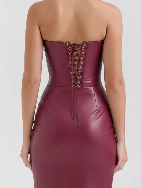 Women's PU Leather Strapless Slit Bodycon Evening Dress