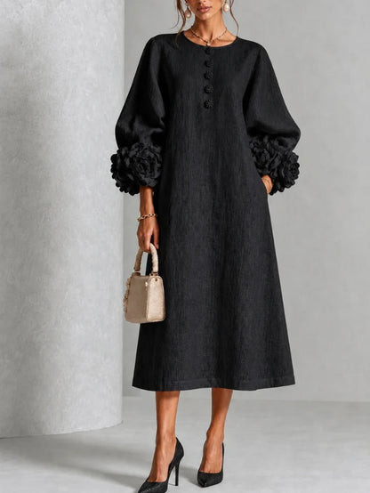 Elegant Floral Sleeve Cotton Linen Dress