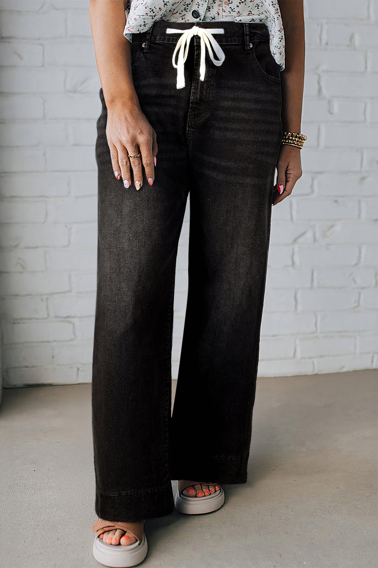 Jeans met acid wash-effect en vetersluiting plus size