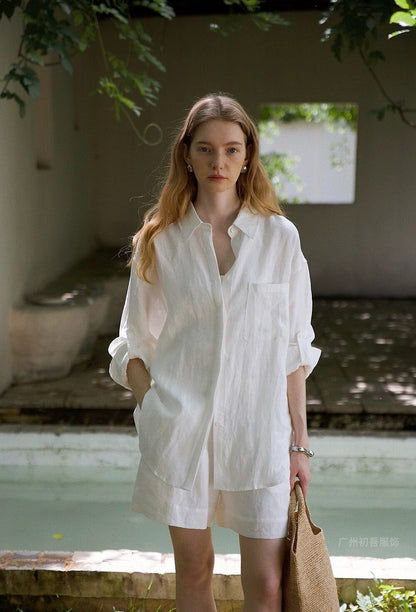 Womens Linen Casual Oversized Shirt Shorts Set