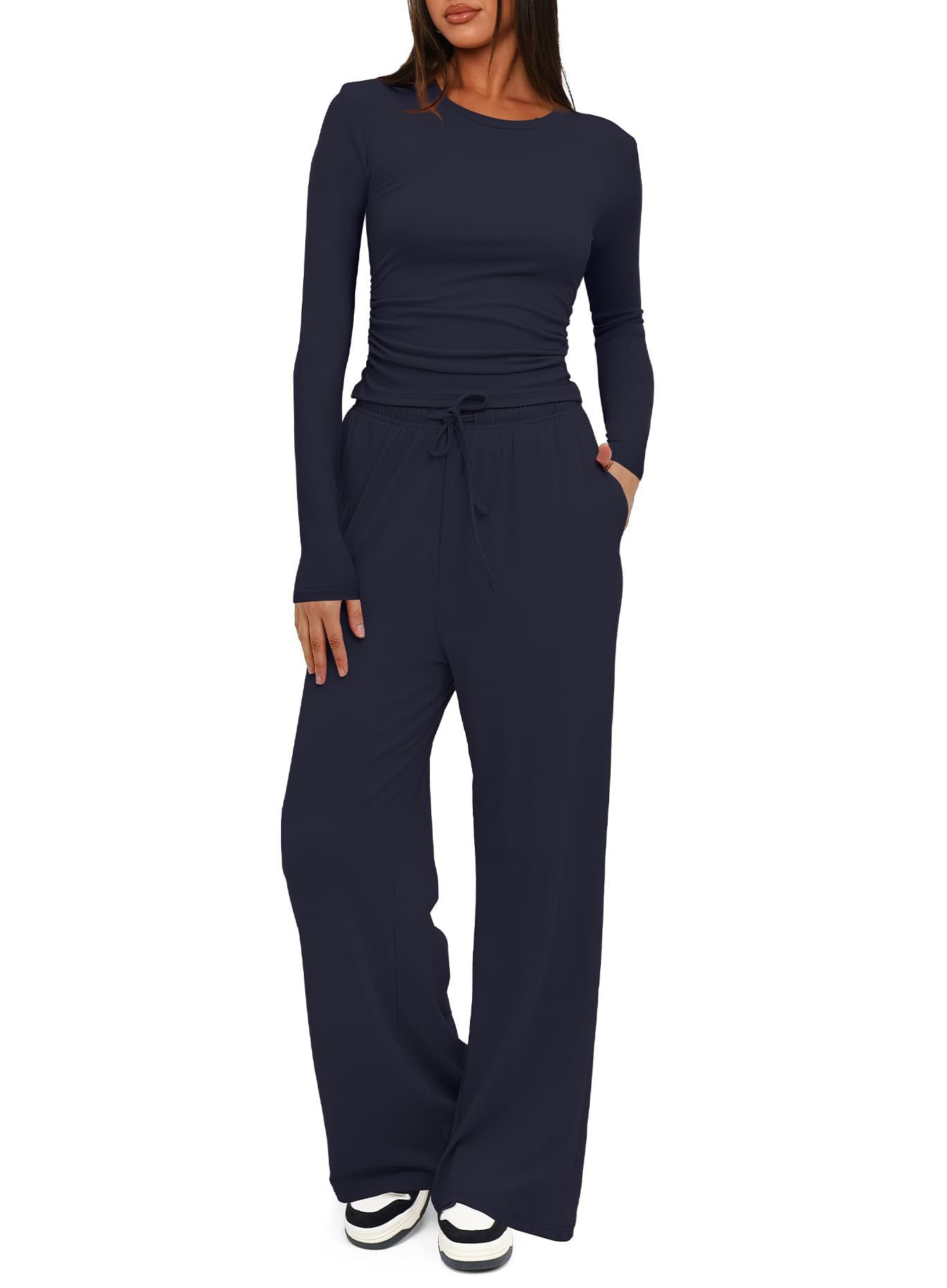 Casual Solid Color Long Sleeve Top & High-Waisted Wide Leg Pants Set Sportswear