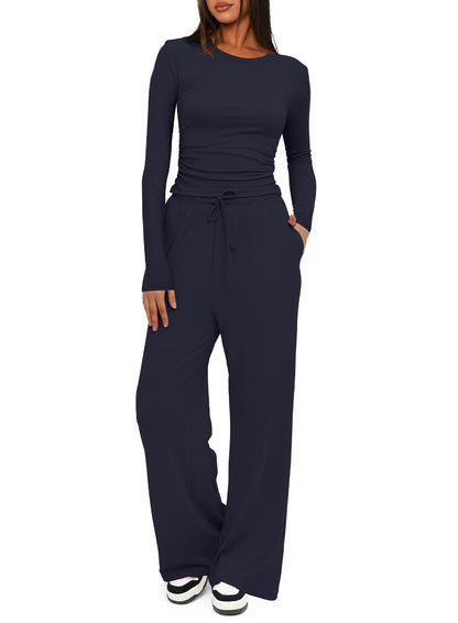 Casual Solid Color Long Sleeve Top & High-Waisted Wide Leg Pants Set Sportswear