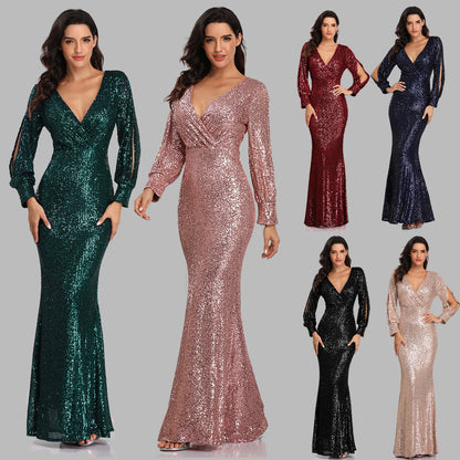 Spring Autumn New Women's Plus Size Long Sleeve V Neck Sequin Mermaid Evening Dress |women's clothing