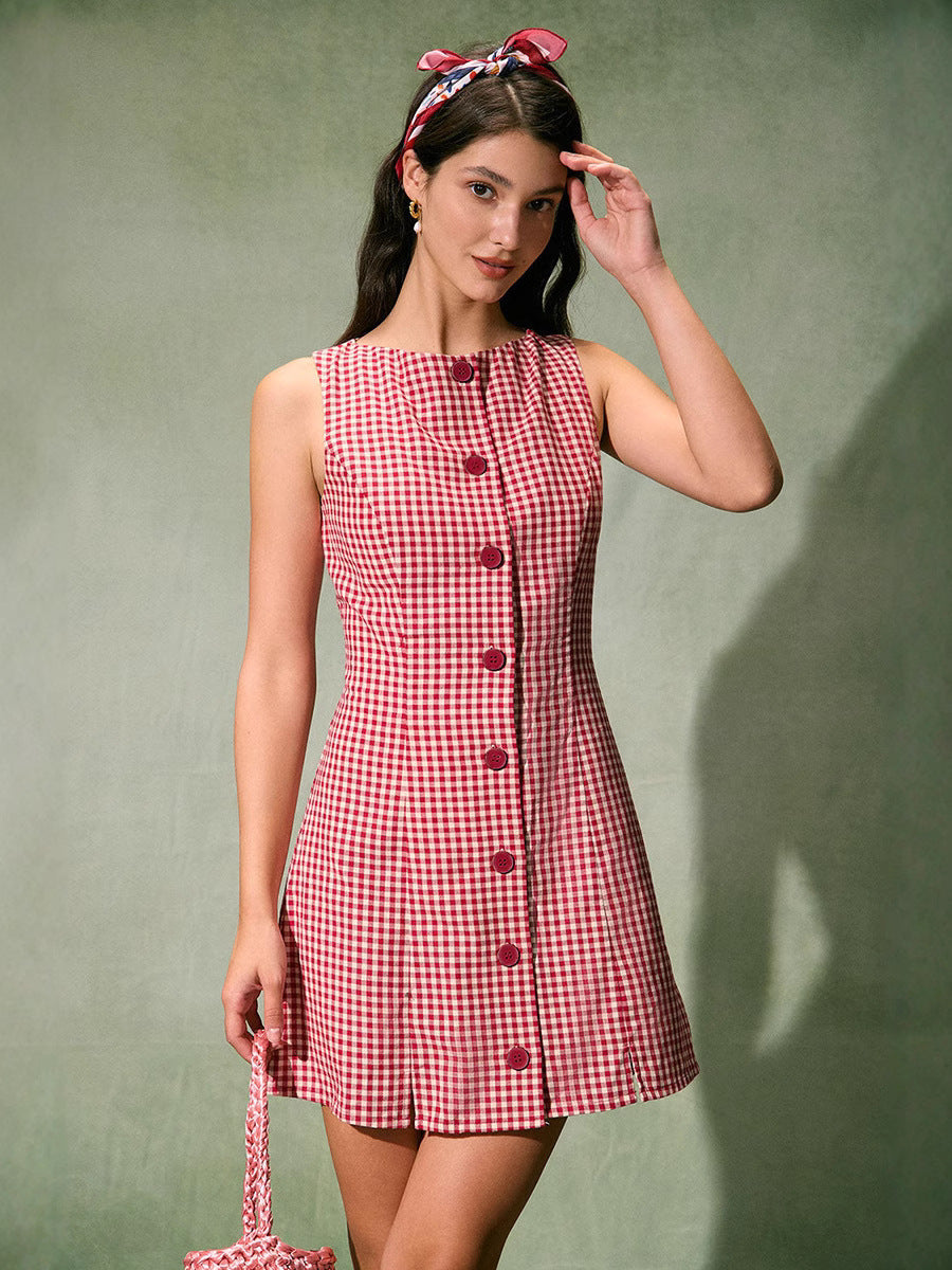 French Retro Plaid Sleeveless Crewneck Dress