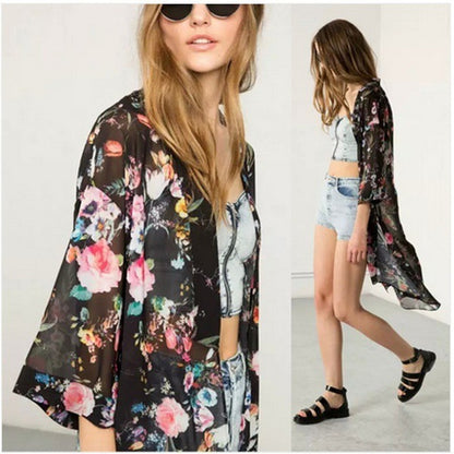 Zomerse lange chiffon kimono cardigan met print Amerikaans