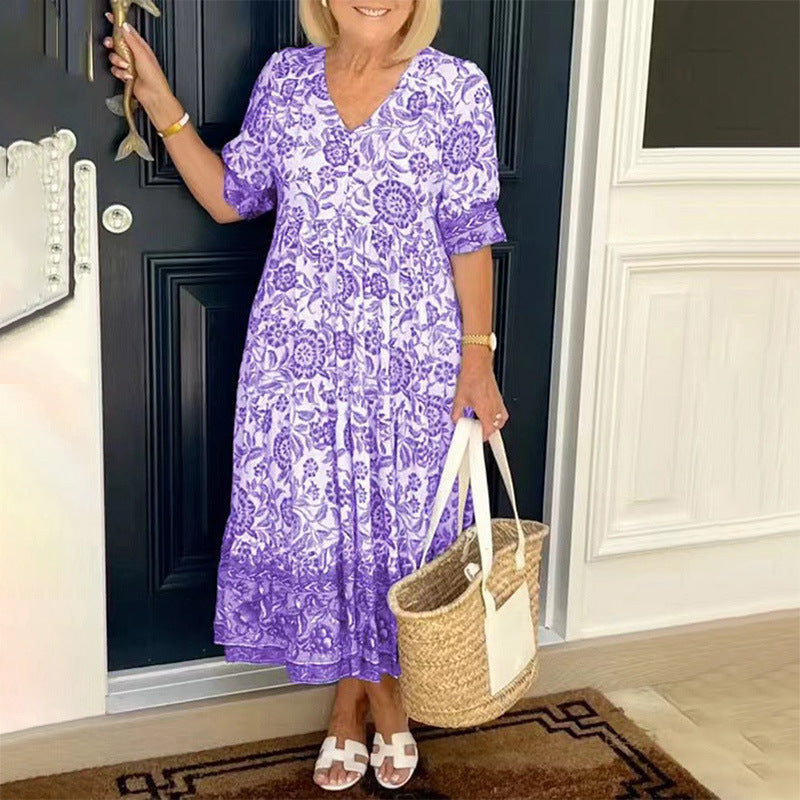 Chic Commuter Long Floral Tie-Dye Print Plus Size Loose Versatile Dress for Women