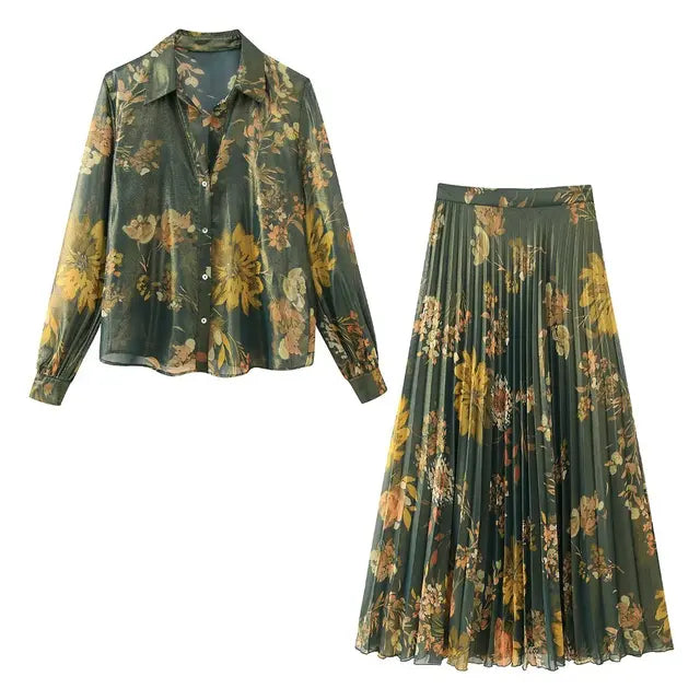 Fashion Print Top Midi Skirt Women 2 Piece Sets Turn Down Collar Long Sleeve Slim Crop Top Female Suits