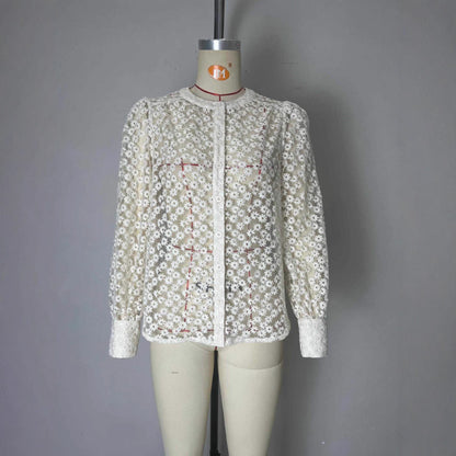 Ladies' flower hollowed out round neck lace top