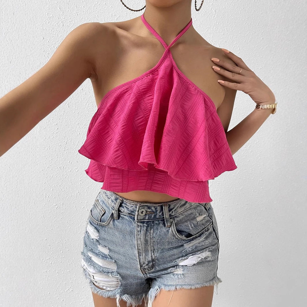 Women's sexy hot girl vest from Europe and America, summer backless design, niche hanging neck sleeveless top