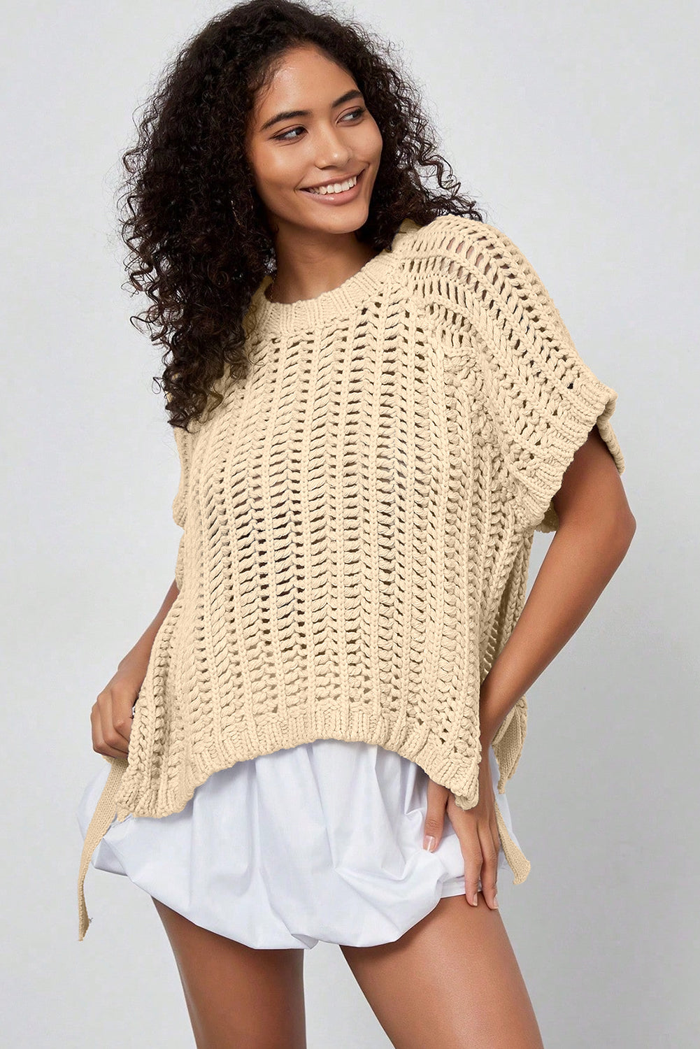 Plus size open gebreide trui met strik en korte mouwen