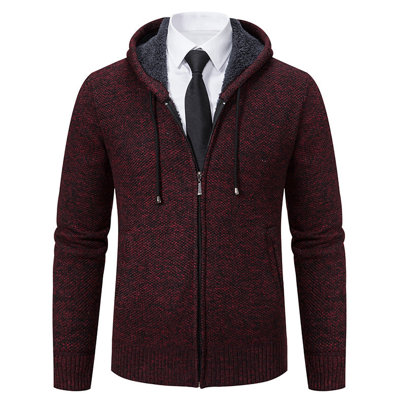 Autumn and winter men's cardigan sweater men's knitted sweater hooded and velvet casual men's knitted jacket