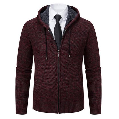 Autumn and winter men's cardigan sweater men's knitted sweater hooded and velvet casual men's knitted jacket